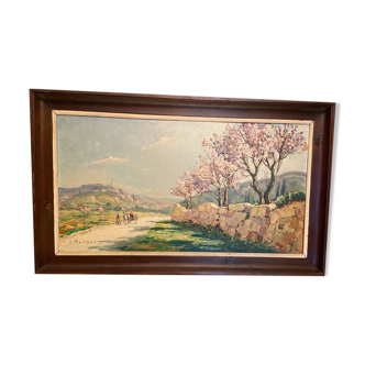 Landscape painting view of the village of Angles Gard Avignon signed Hurard 1887-1956