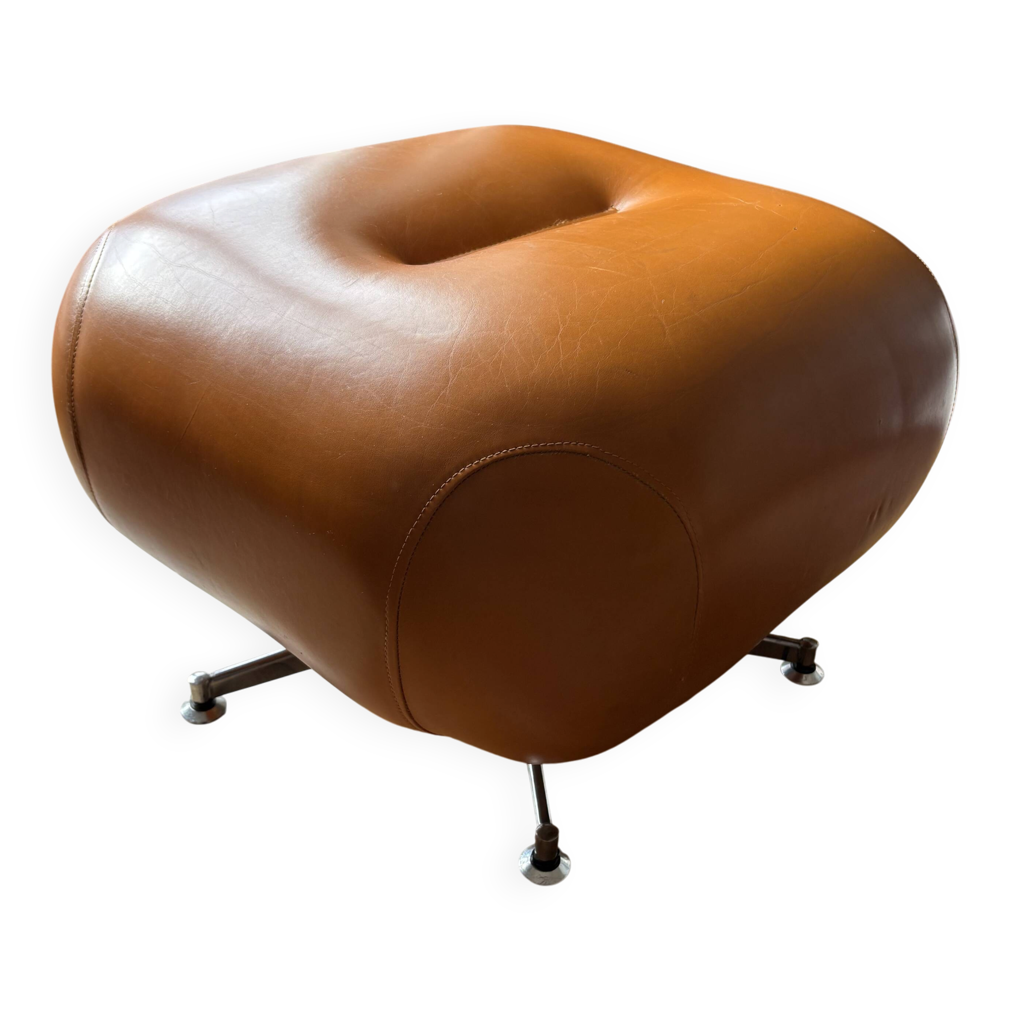 Pouf / Ottoman vintage cuir cognac – style moderniste années 60/70