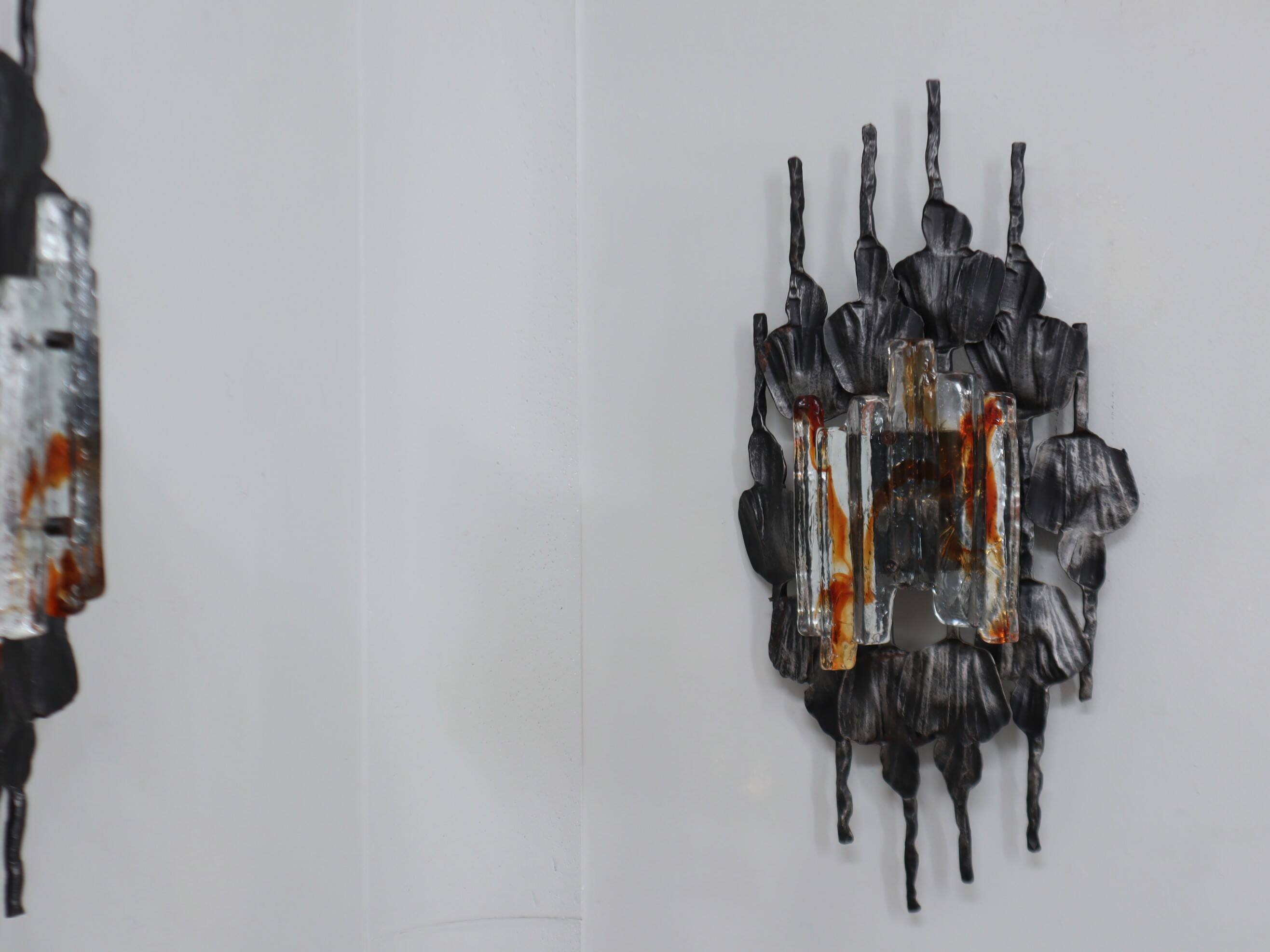 Set of 3 Brutalist Murano glass strips sconces / wall lamps Italy 1970s