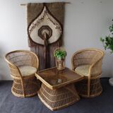 Ensemble vintage de chaises de paon en osier et table des années 60