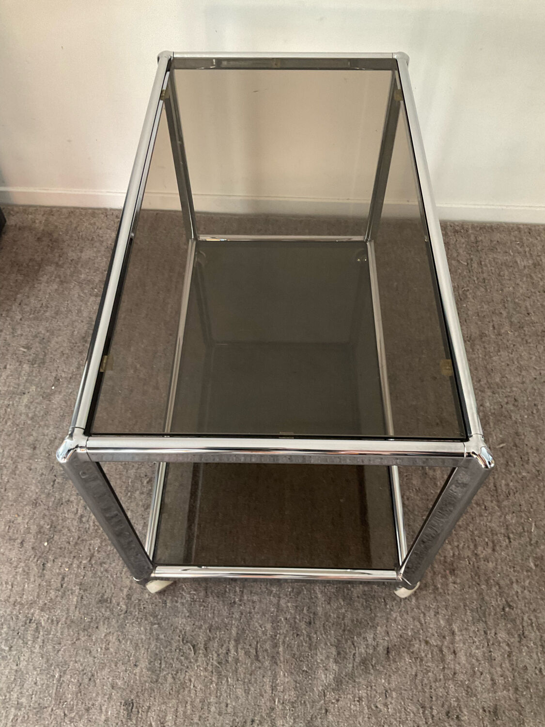 Vintage coffee table 70s chrome and smoked glass