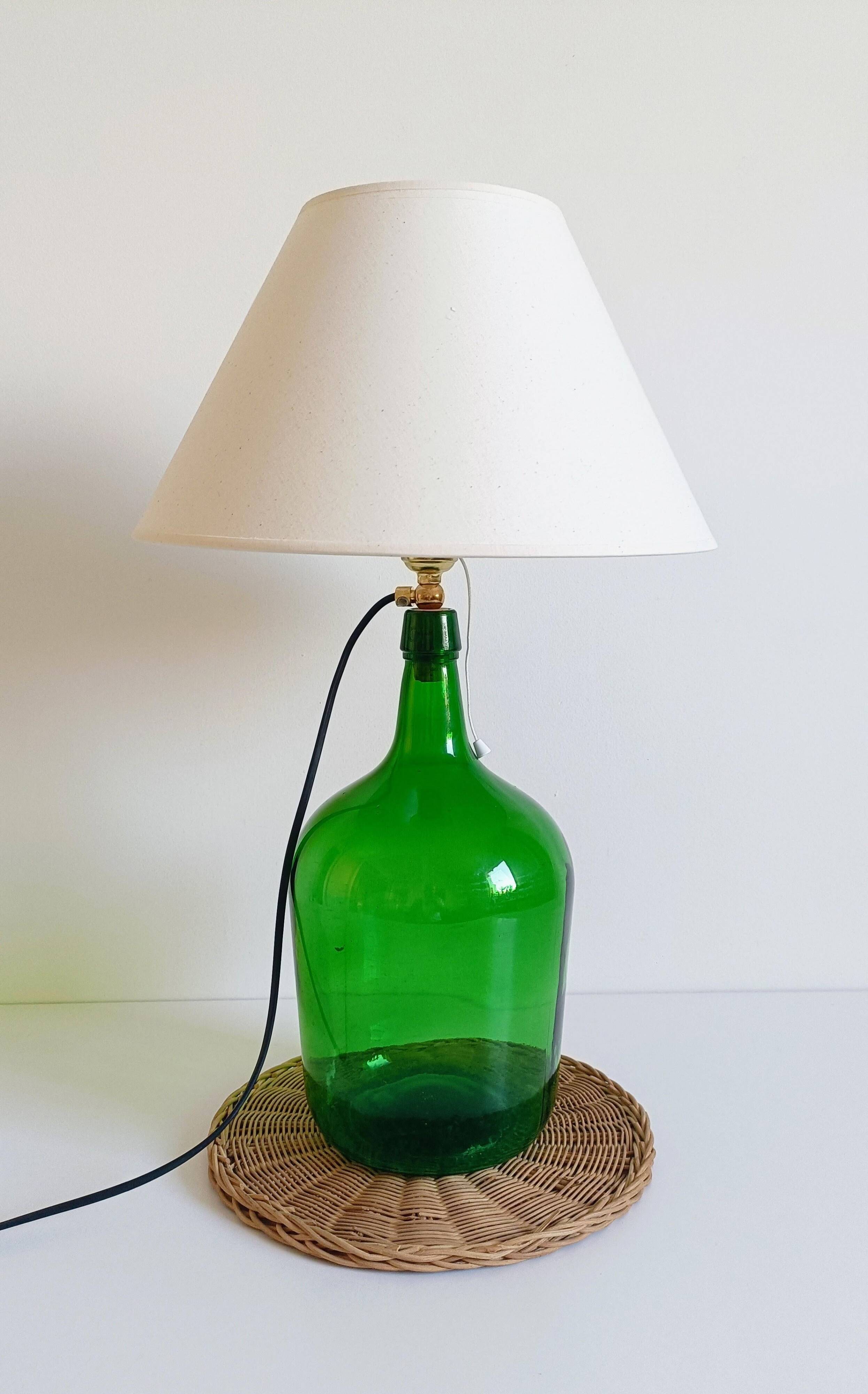 Mid-Century Green Glass Demijohn Table Lamp, Brass Fittings, Contemporary Shade