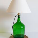 Mid-Century Green Glass Demijohn Table Lamp, Brass Fittings, Contemporary Shade