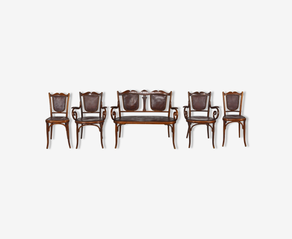 Salon art nouveau fischel in curved wood and leather, 7 seats, circa 1910