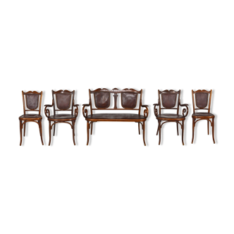 Salon art nouveau fischel in curved wood and leather, 7 seats, circa 1910