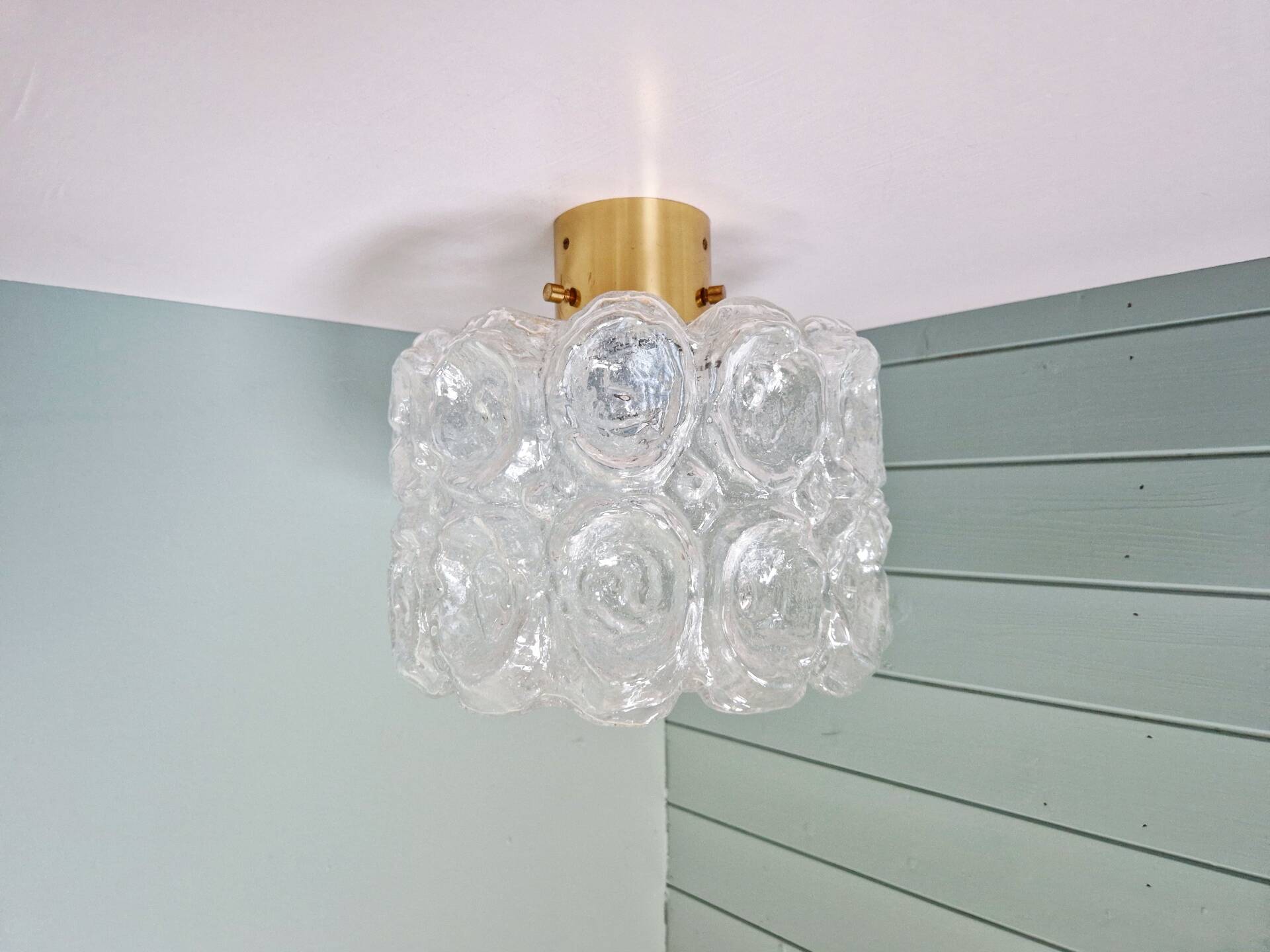 Brass and textured transparent glass ceiling light, Limburg, 1970