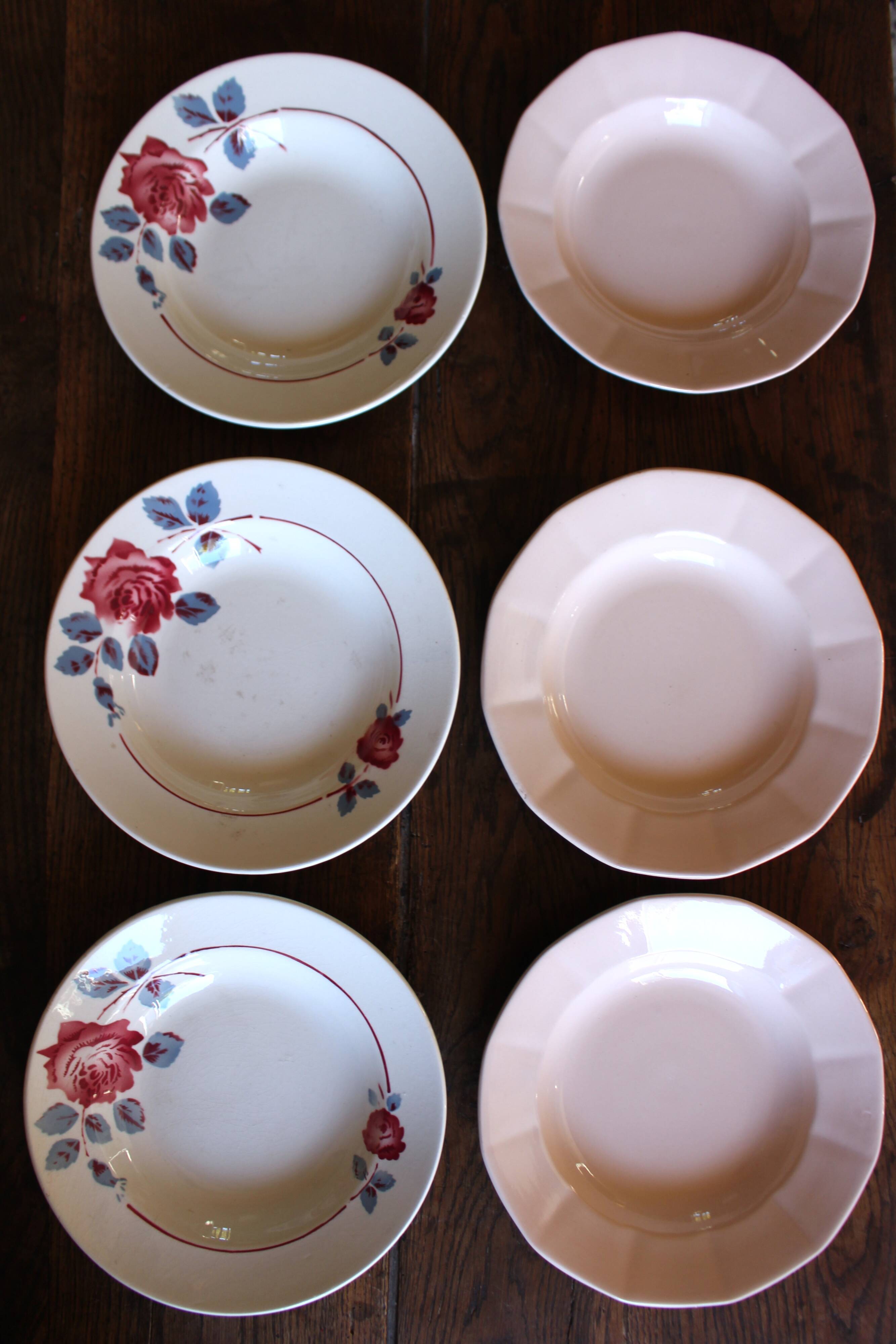 6 mismatched pink deep plates Digoin Badonviller Art Deco