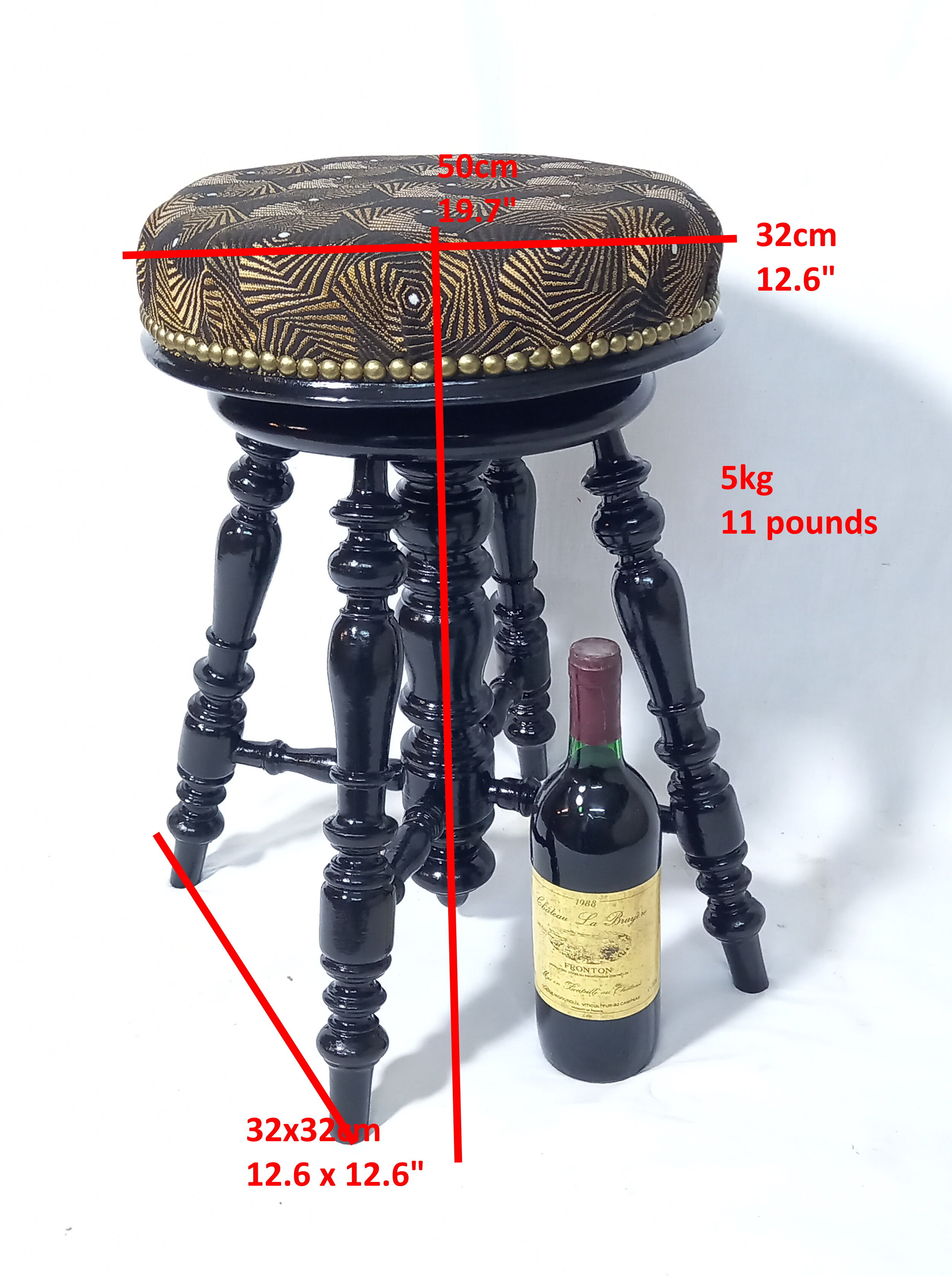 Old adjustable piano stool Napoleon III style with black & gold fabric