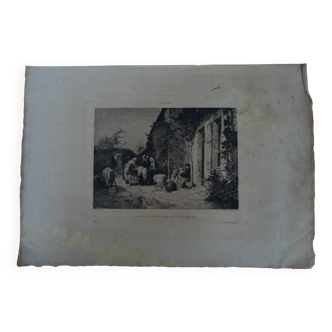 Etching, Washers and children in a village courtyard