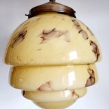 Lampe à suspension art déco en glaçure opaline, gemarmerd, messing, jaren 1930