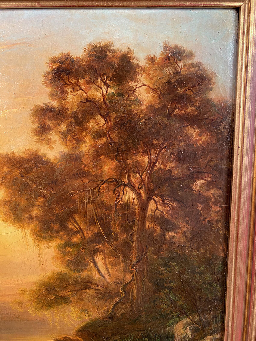 "Animated landscape at sunset", oil on canvas 19th century
