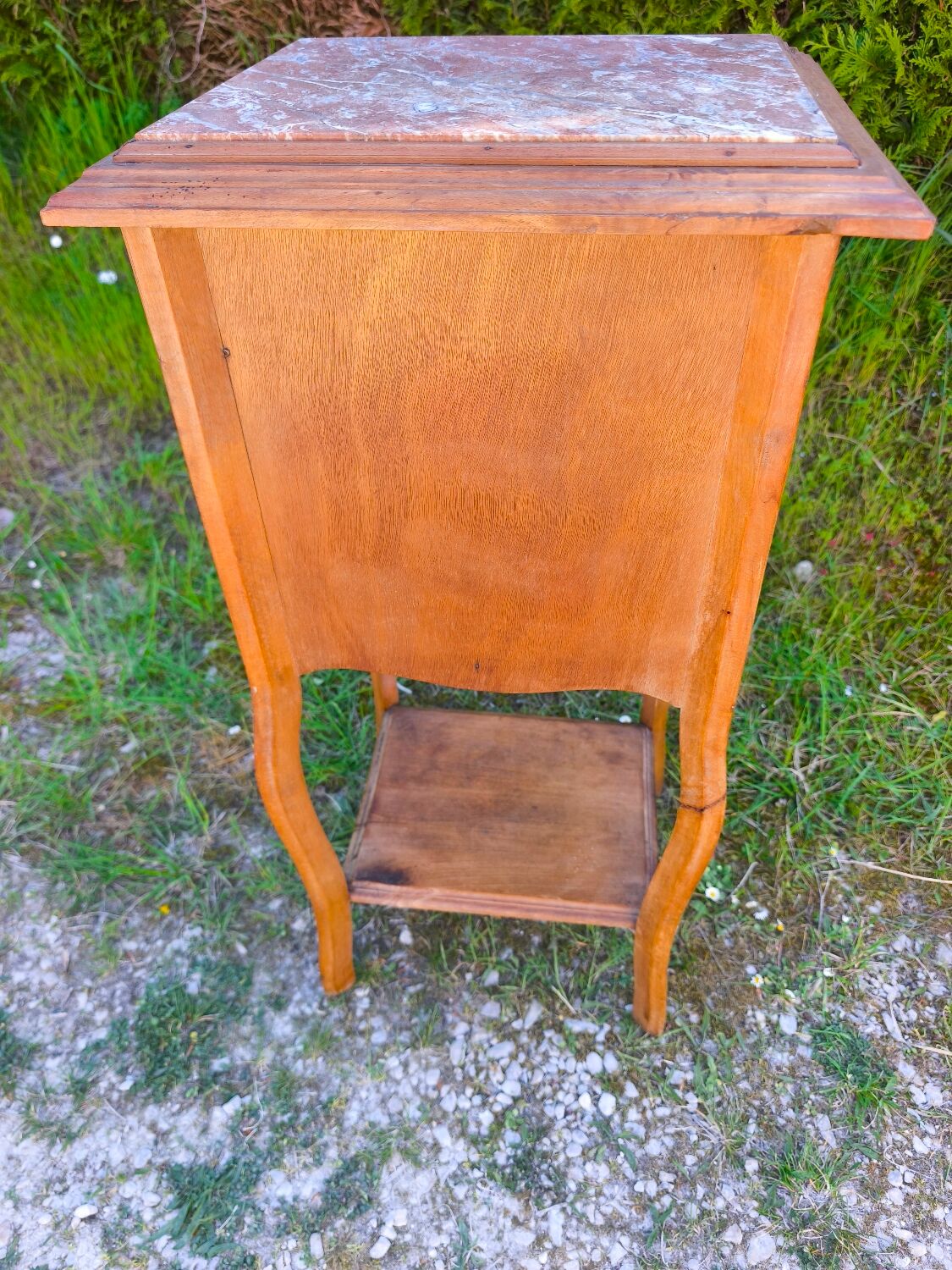 Louis XV style bedside table in wood veneer and marble