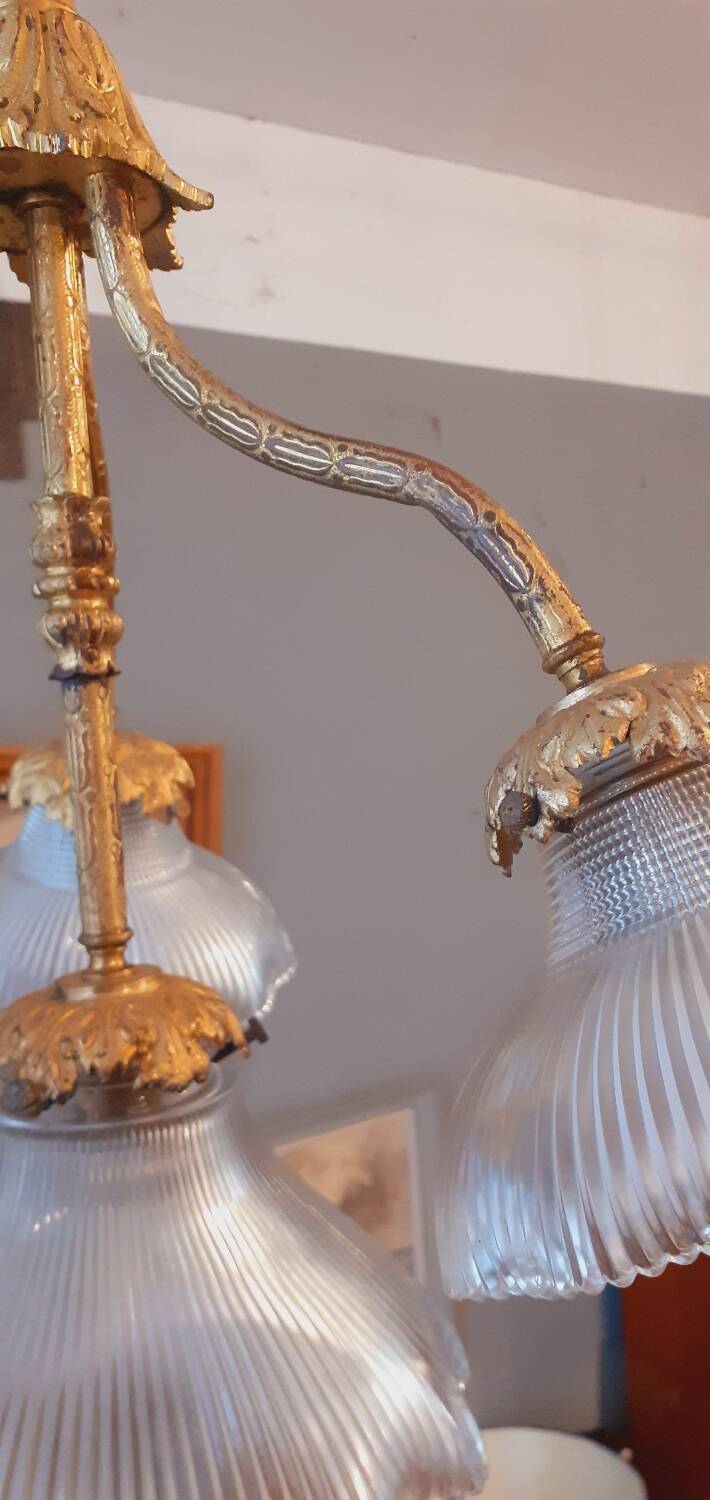 Chandelier in gilded bronze late 19th century around 1900 holophane glassware