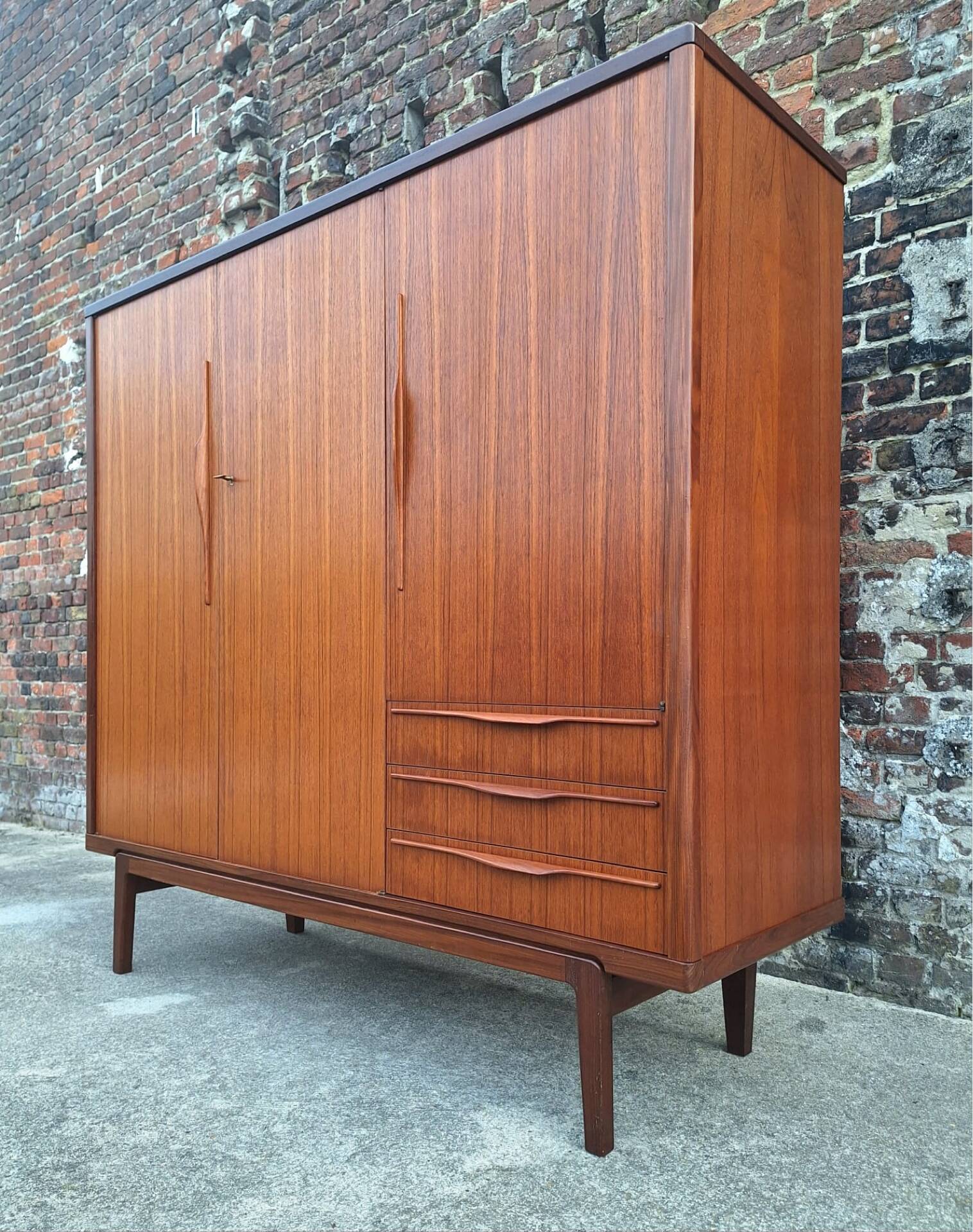 Vintage teak wardrobe, antique clothing cabinet.