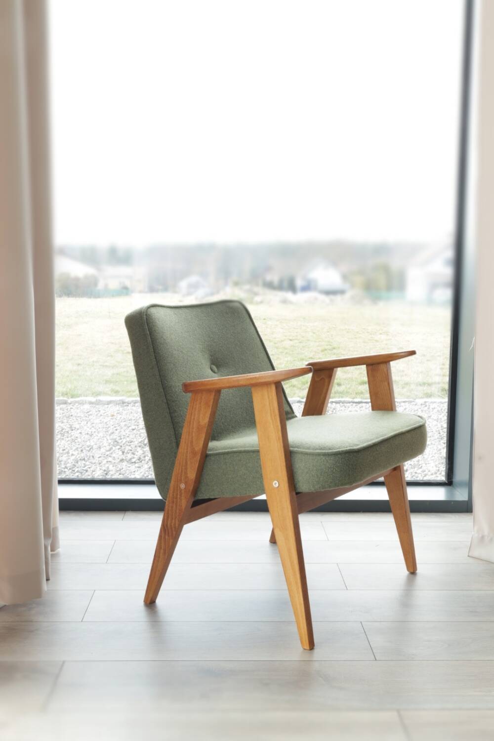 Fauteuil Lounge Vintage Bouclè Cactus, Bois Naturel Design Scandinave