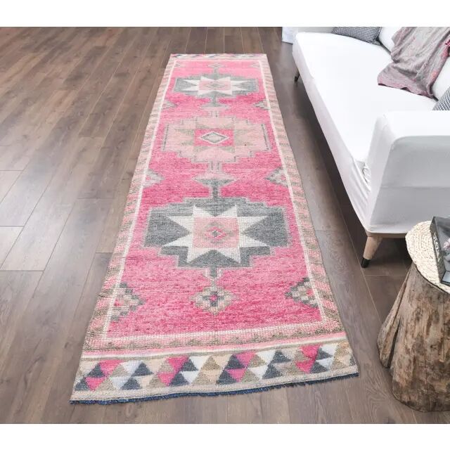 Vintage Pink Geometric Turkish Hand-Knotted Runner 92x342