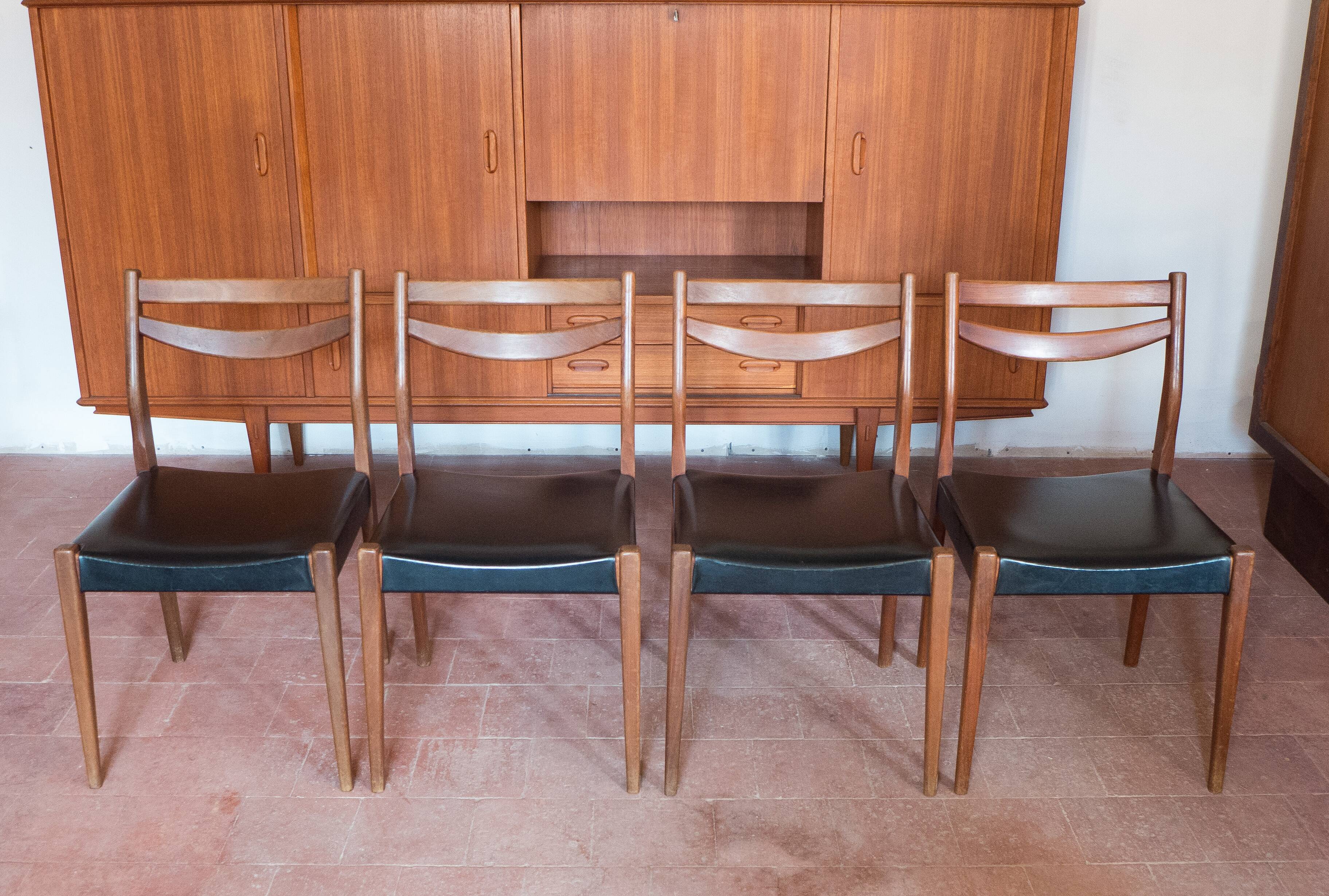 Set of 4 wooden and black faux leather chairs, Scandinavian style, wooden chair