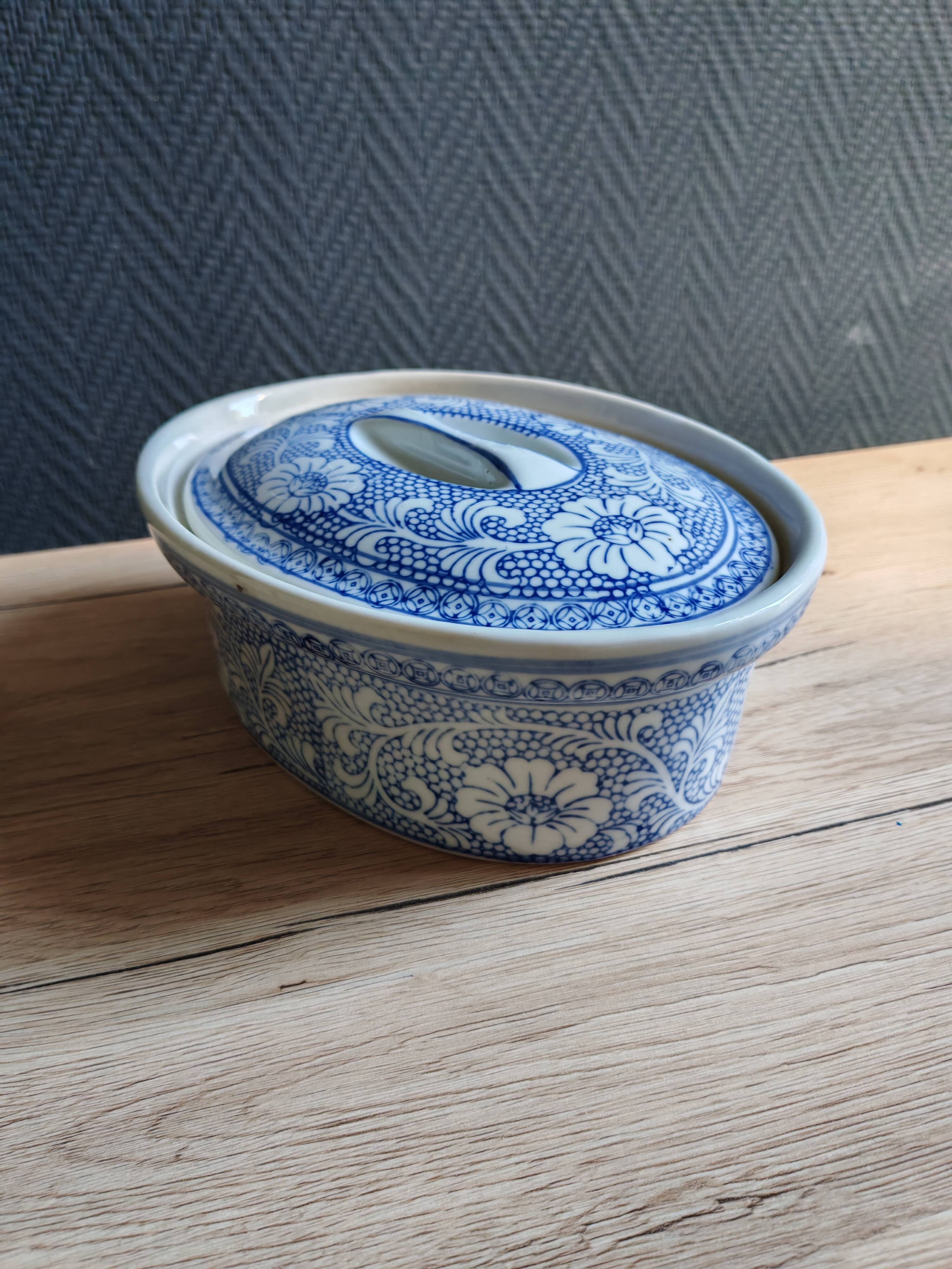 Oval Vintage Terrine in Blue and White Porcelain, Casserole with Lid