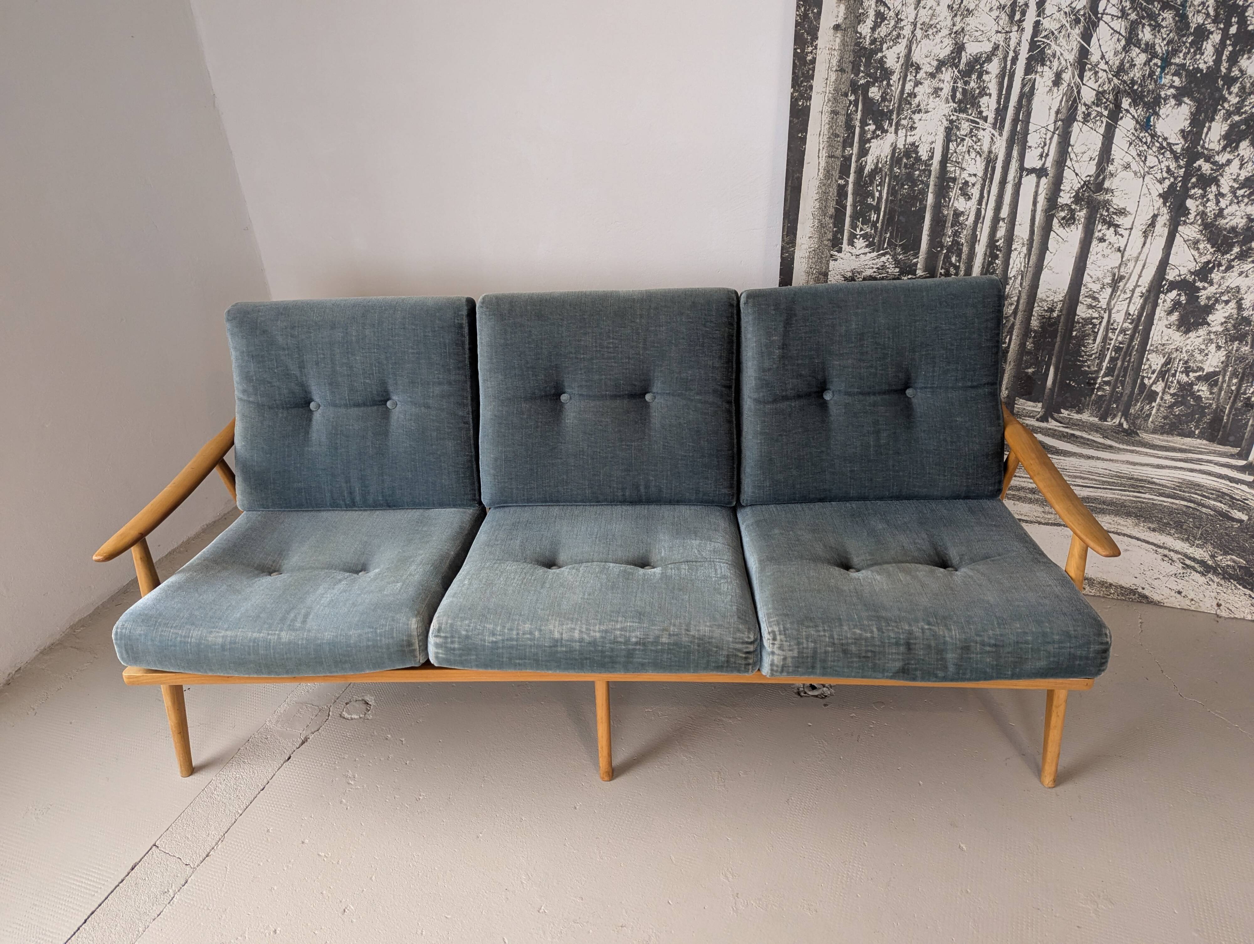 Banquette velours et bois clair, scandinave vers 1960/70