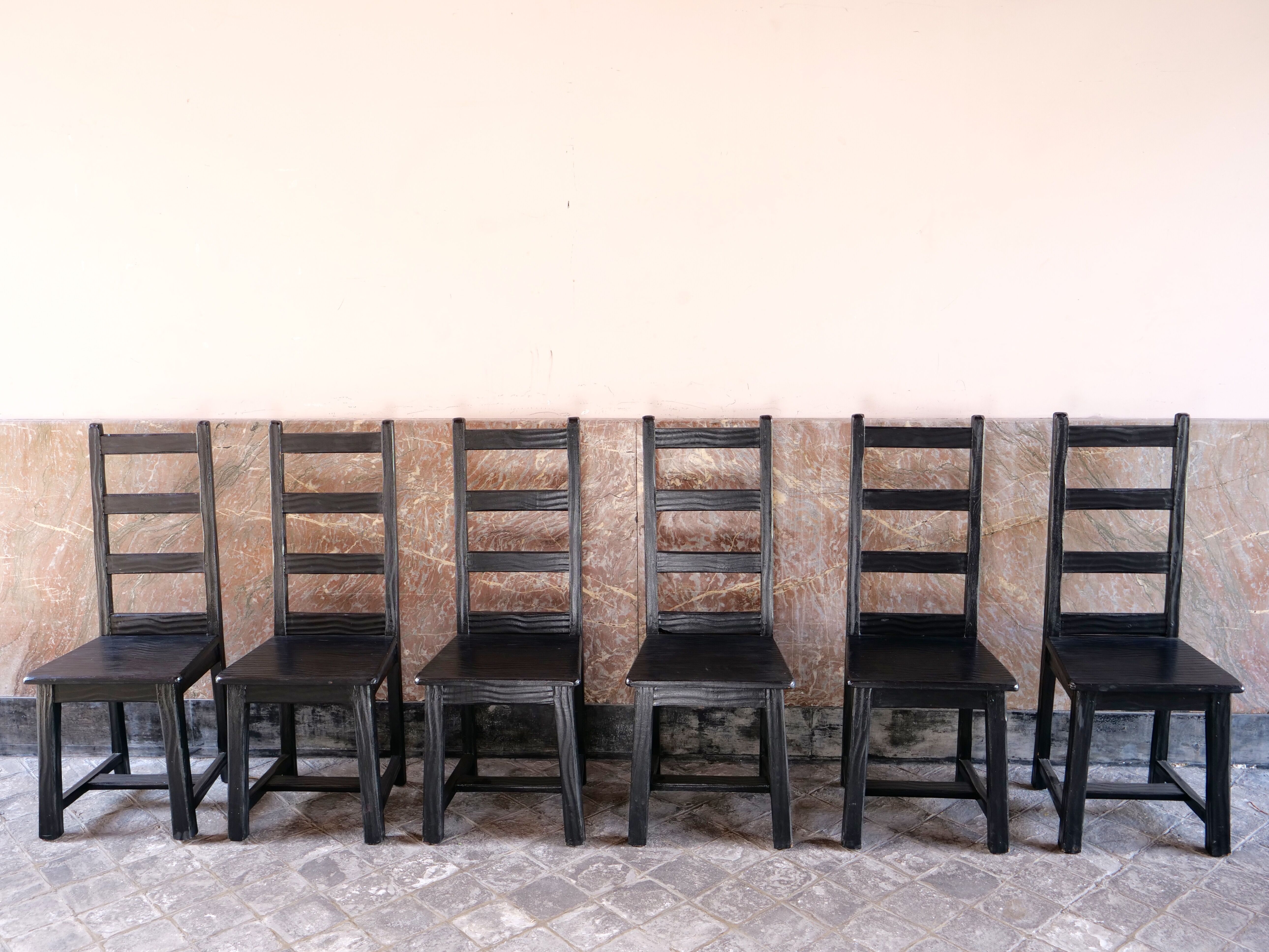 Set of 6 black brutalist chairs in solid oak