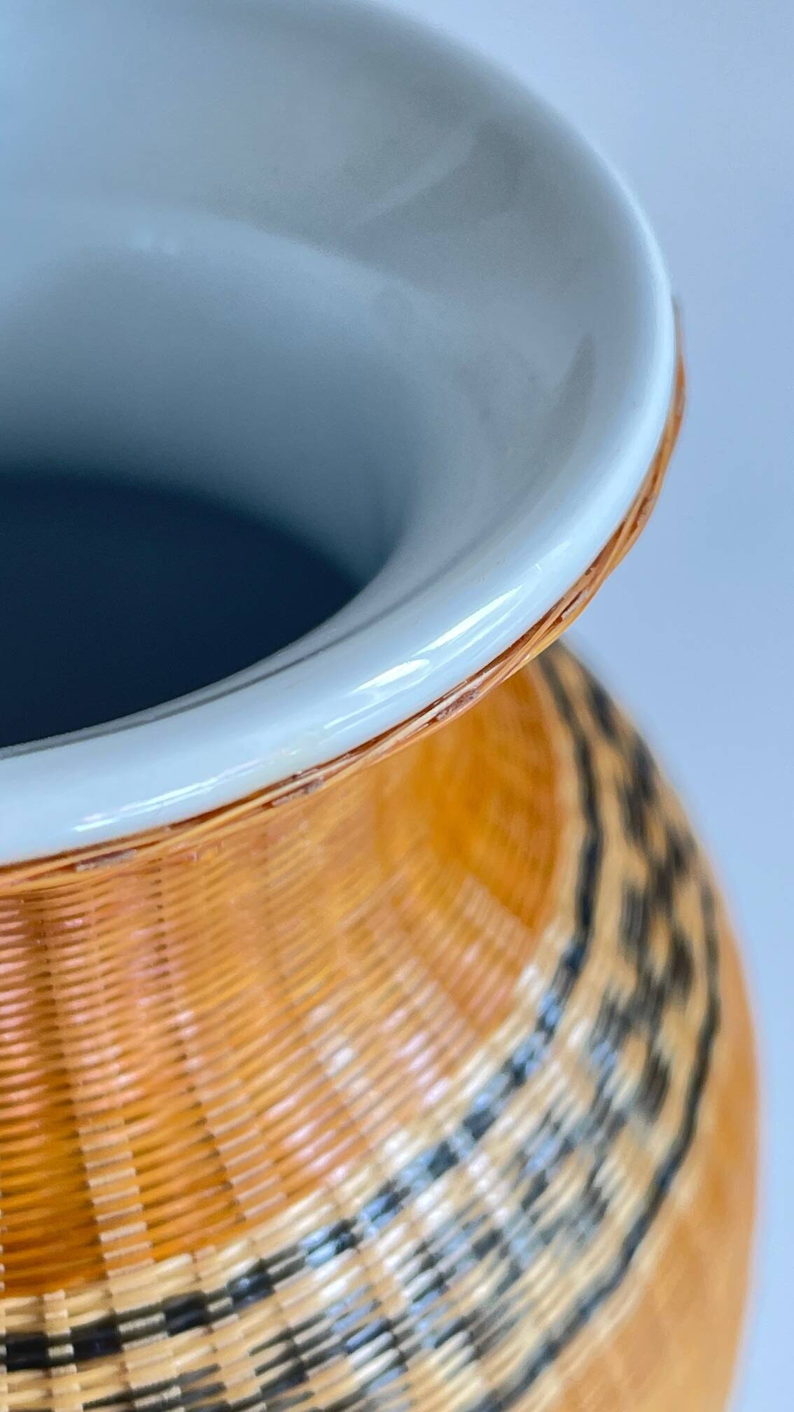 VINTAGE Woven Bamboo and Fine Porcelain VASE