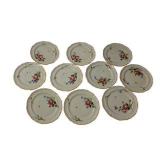 10 dessert plates painted decorated with flowers, insects (all different)