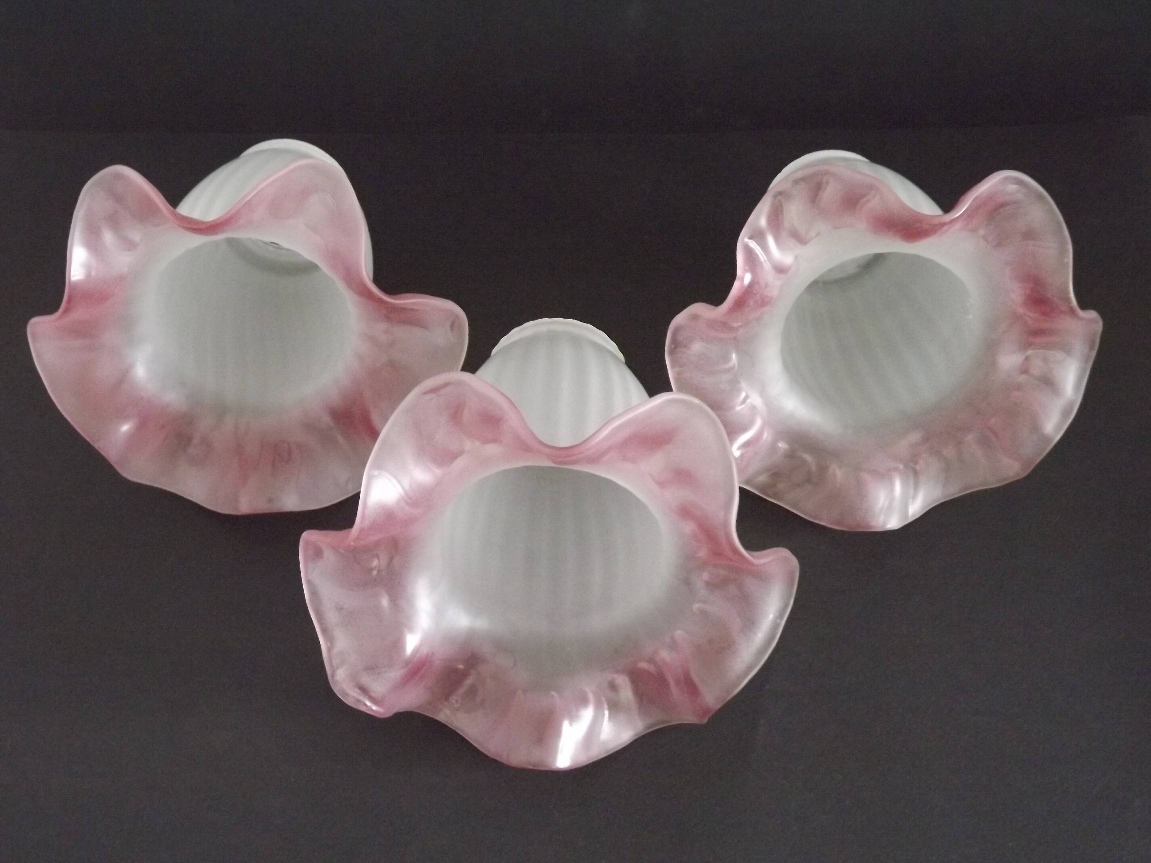 Set of 3 White Opaque Glass Shades With Ribbed Detail Pink Frilled Edge