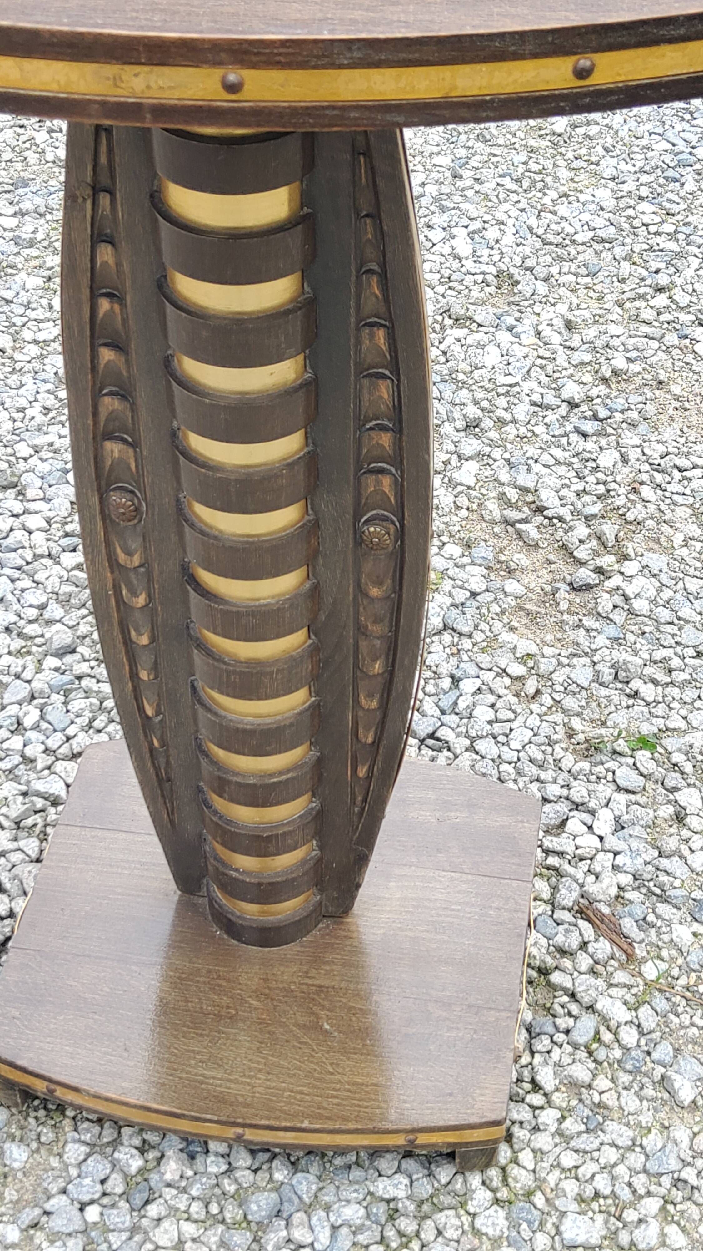 Art deco style pedestal table in beech and gold metal