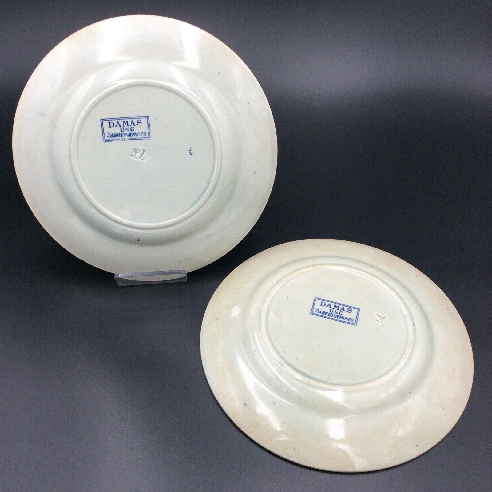 Sarreguemines U&C 2 Old Dessert Plates Faience Model DAMAS