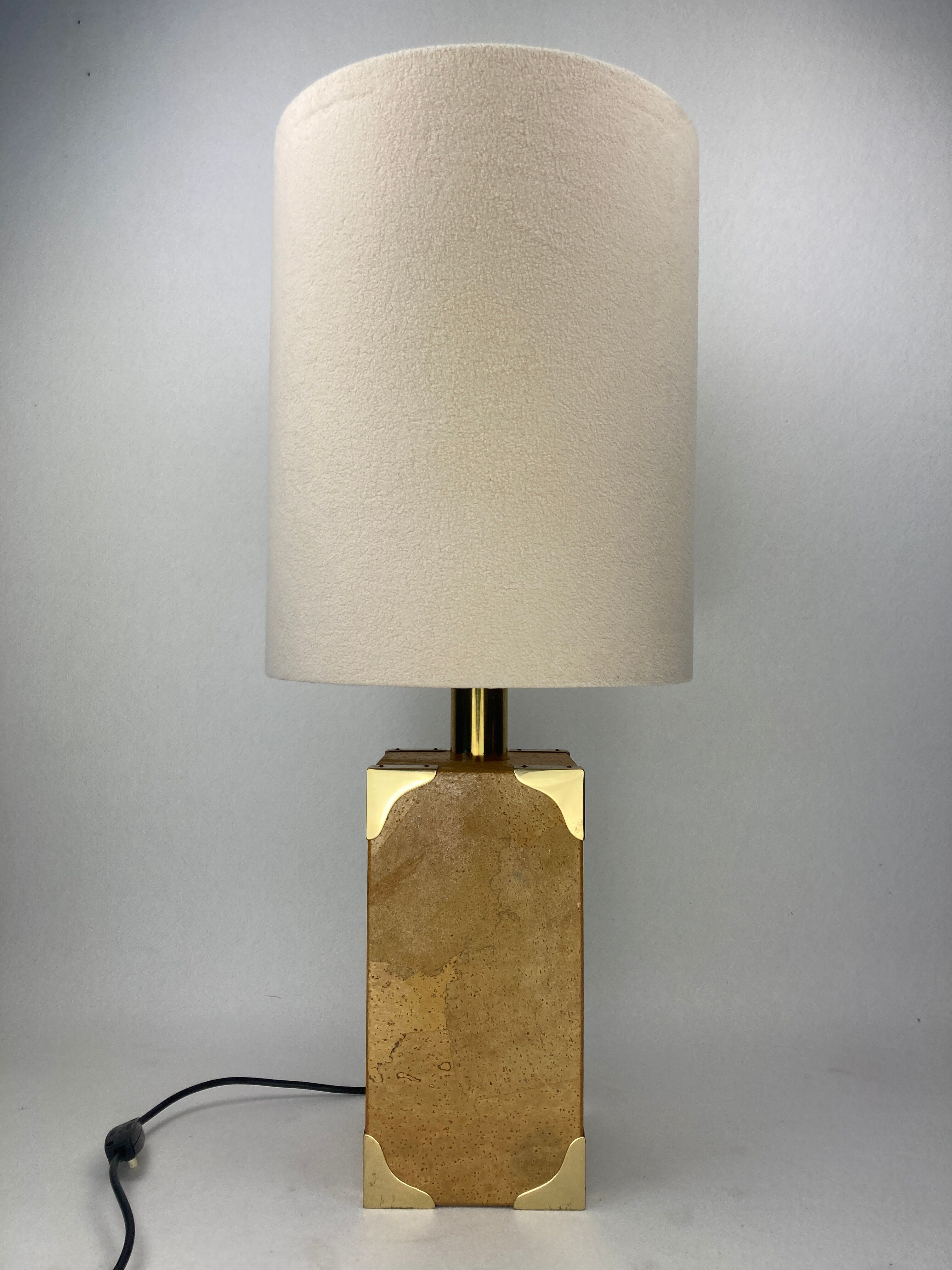 Cork and brass table lamp, bouclé shade. Leola Design Germany 1970s
