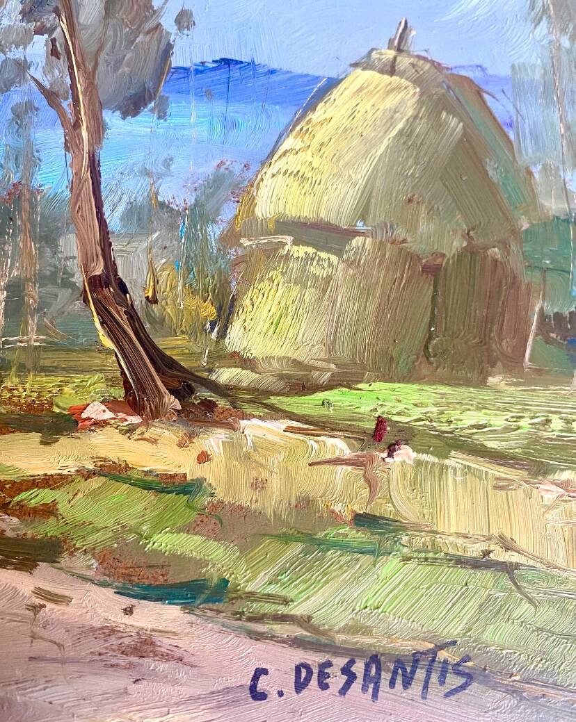 Huile 1950 mise sous verr, cadre bois doré