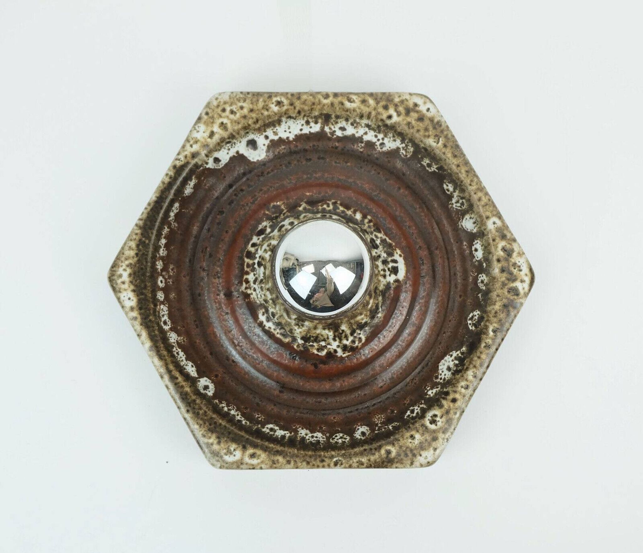 1 of 2 hexagonal mid century ceramic sconces wall lamps 1960s 1970s lava drip glaze beige brown
