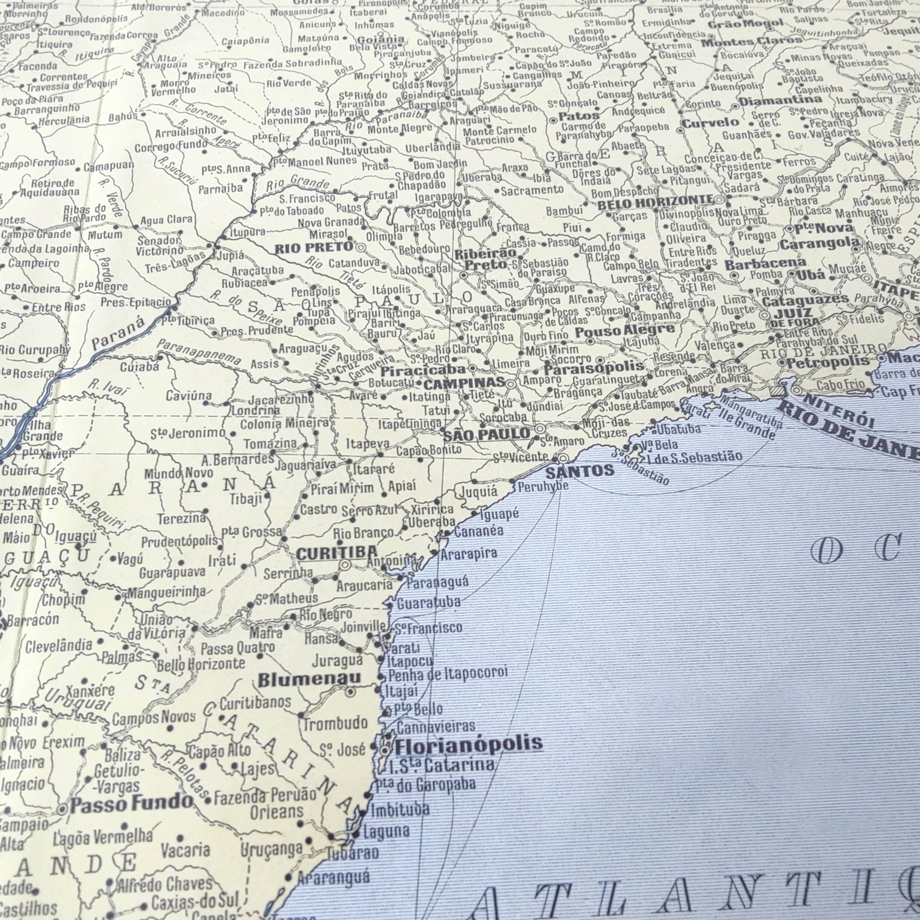 Old map of South America Brazil Bolivia Paraguay 43x43cm from 1950