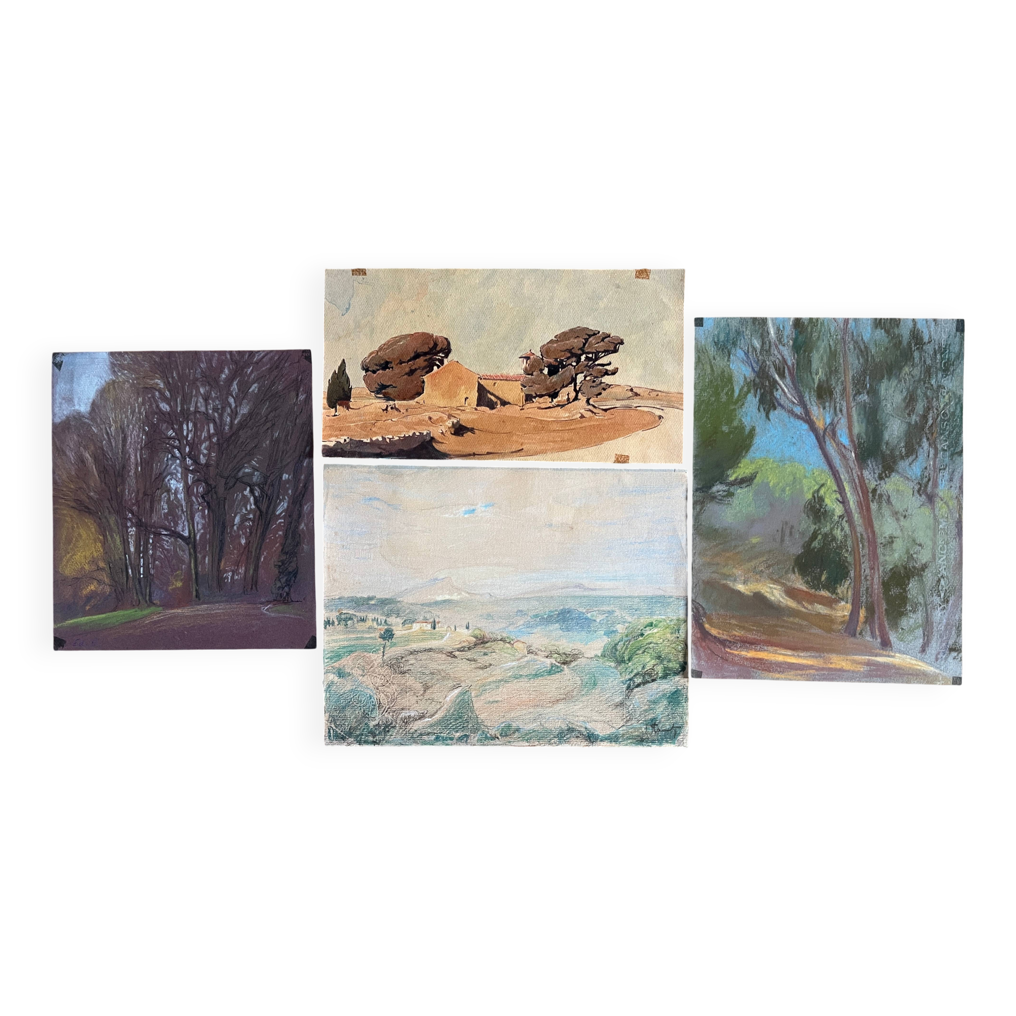 Paintings set of 4 drawings by Ed. Pannetier (1884-1965) Provence Côte d'Azur