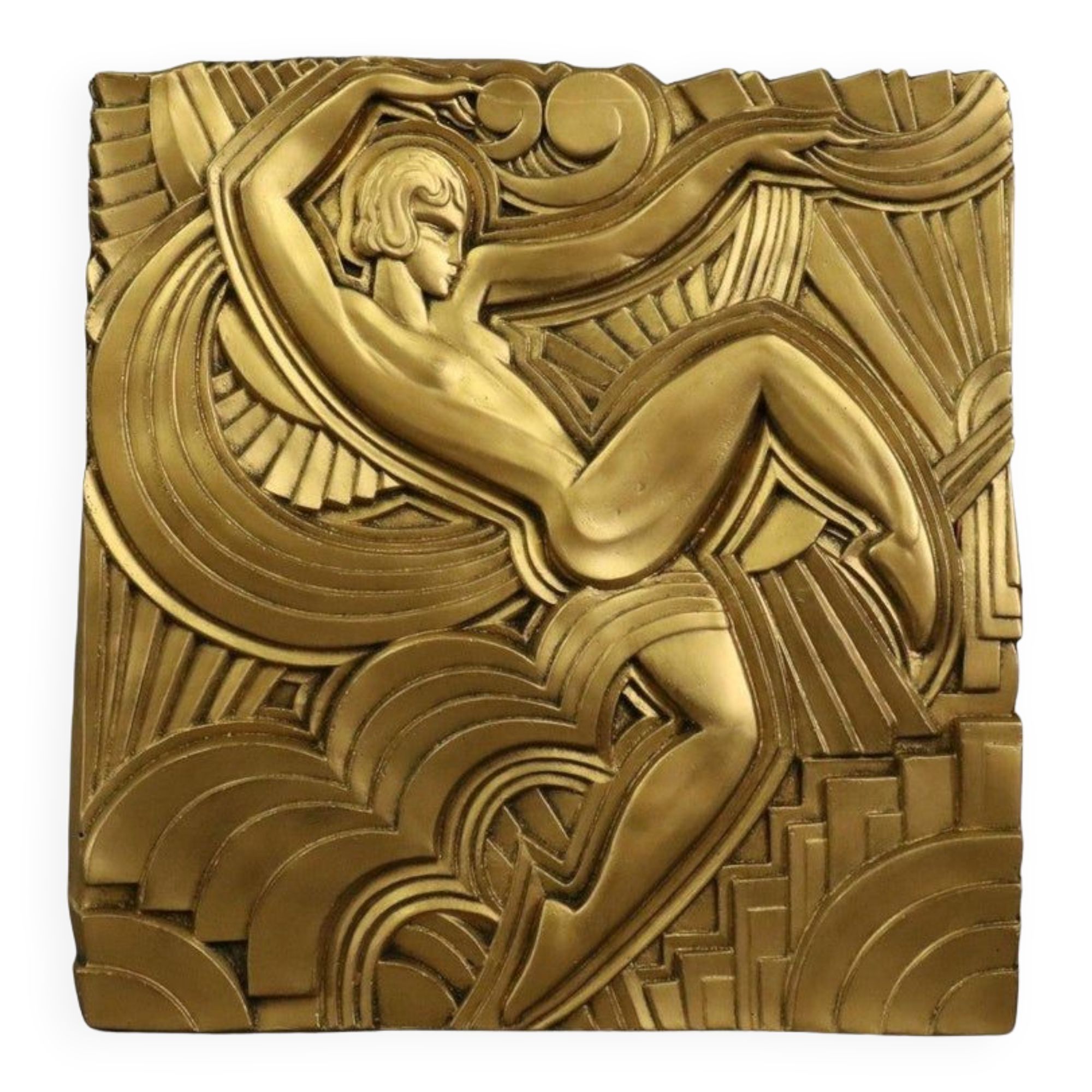 Superb large art deco plaster bas-relief, painted gold after Maurice Picaud, "la dance"