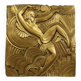 Superb large art deco plaster bas-relief, painted gold after Maurice Picaud, "la dance"