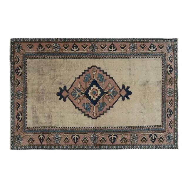 1970s Vintage Turkish Handmade Wool & Cotton Beige Area Rug 158x246
