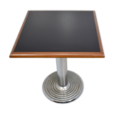 Square bistro dining table, wood, chrome and cast iron
