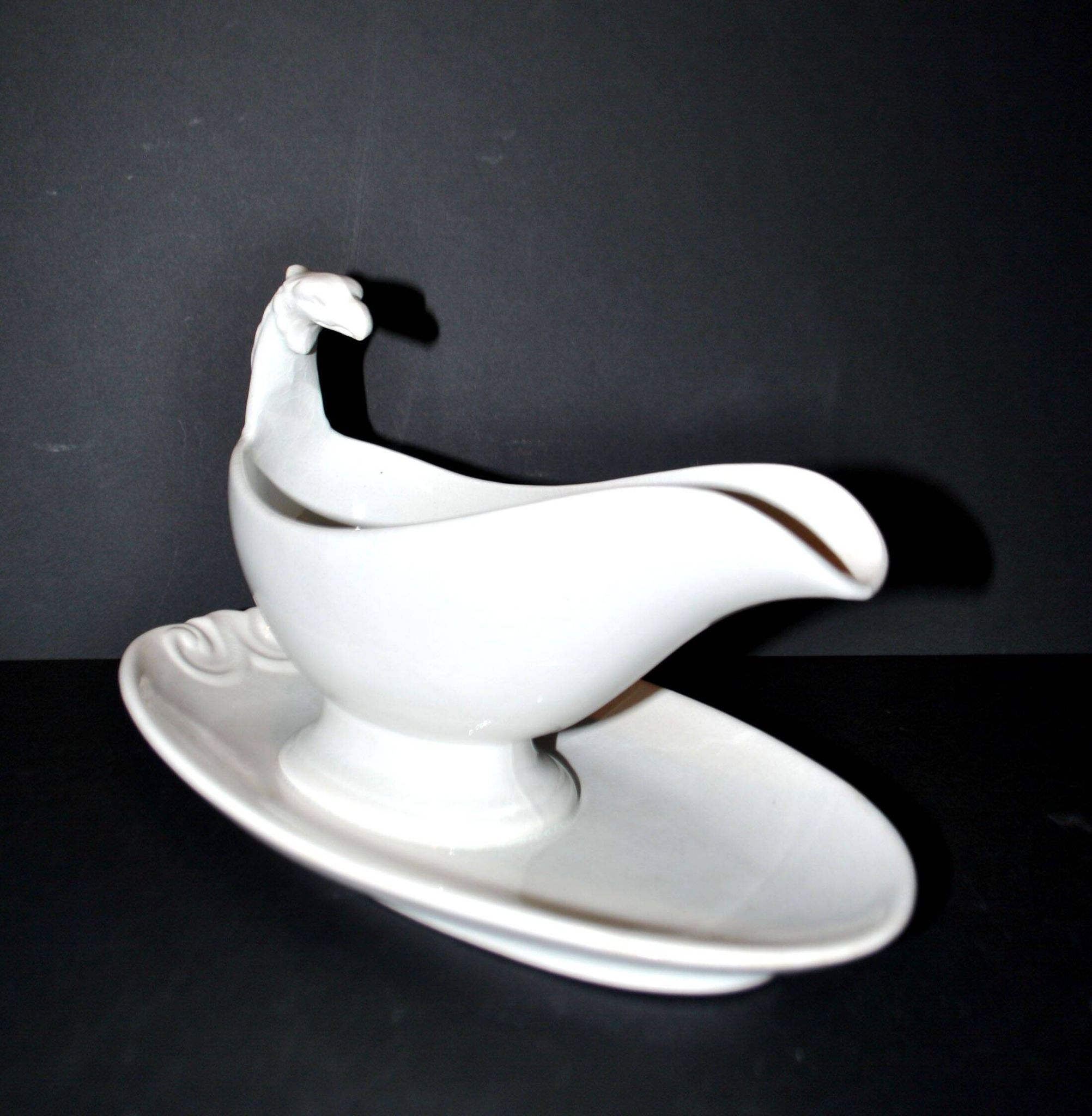 Sarreguemines antique earthenware sauce boat U&C opaque eagle's head