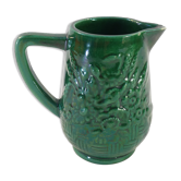 Pichet vert vintage en faience de St clement decor de panier fleuri