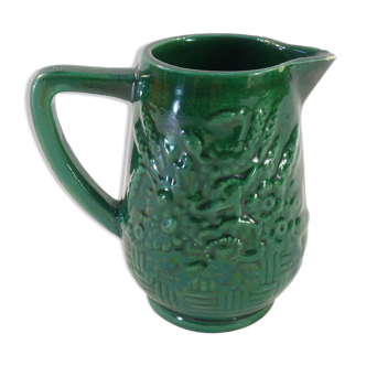 Old Little Vintage Green Pitcher in faience of ST CLEMENT flower basket decor