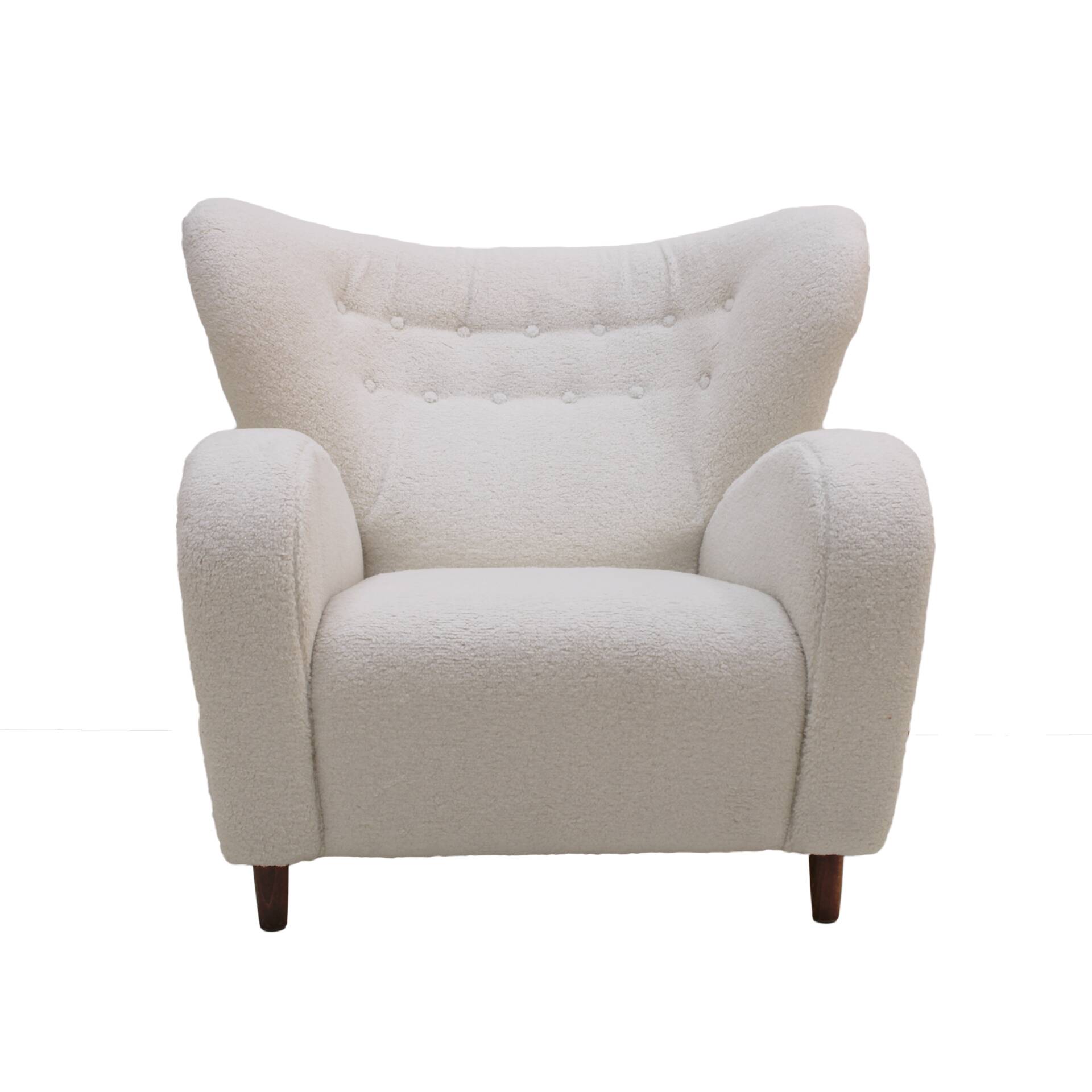 Late 20th Century White Wool and Solid Wood Pair of Armchairs, Norway