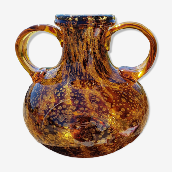Vase en verre bullé avec anses de couleur ambre par Karl Wiedmann pour WMF