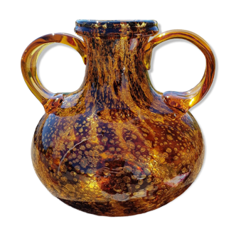 Bubbled glass vase with amber handles by Karl Wiedmann for WMF