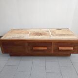 Vintage 1970 coffee table in solid oak & ceramic
