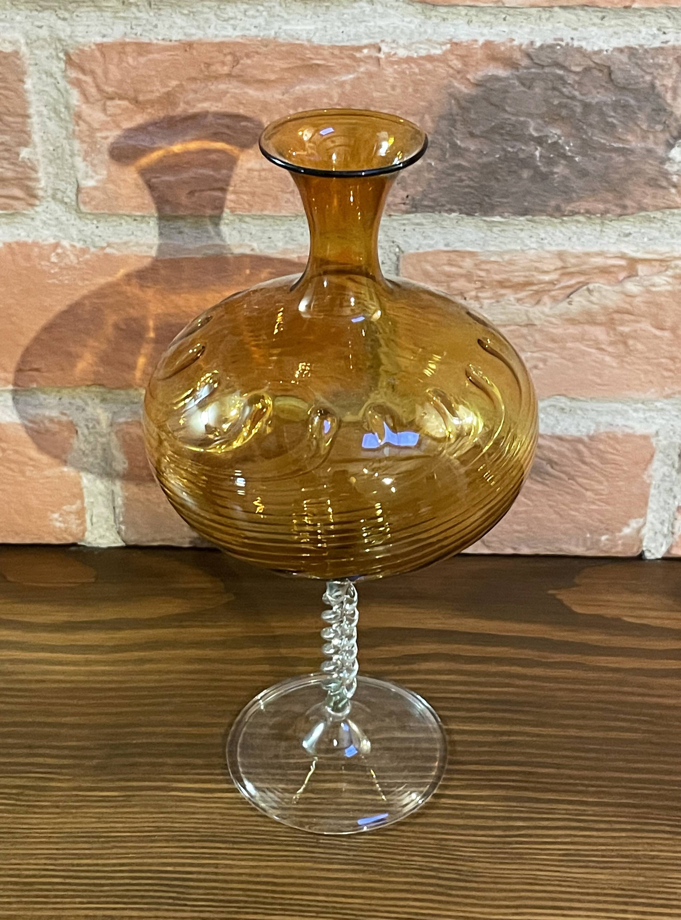 East German GDR Mouth-Blown Amber Art Glass Vase with Swirled Ribbing Texture, Possibly by Lauscha