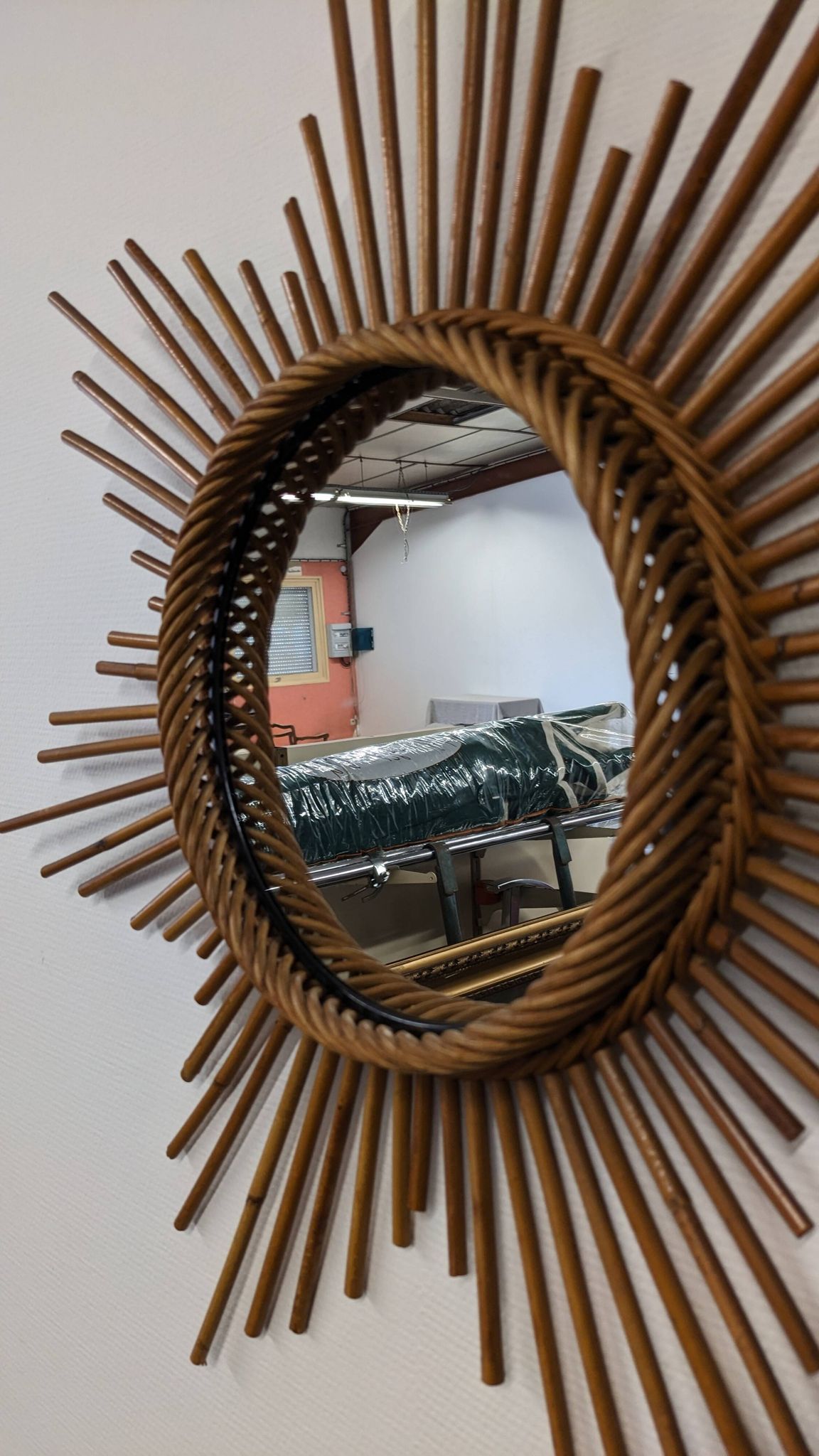 XL starry sun mirror in rattan, France around 1970