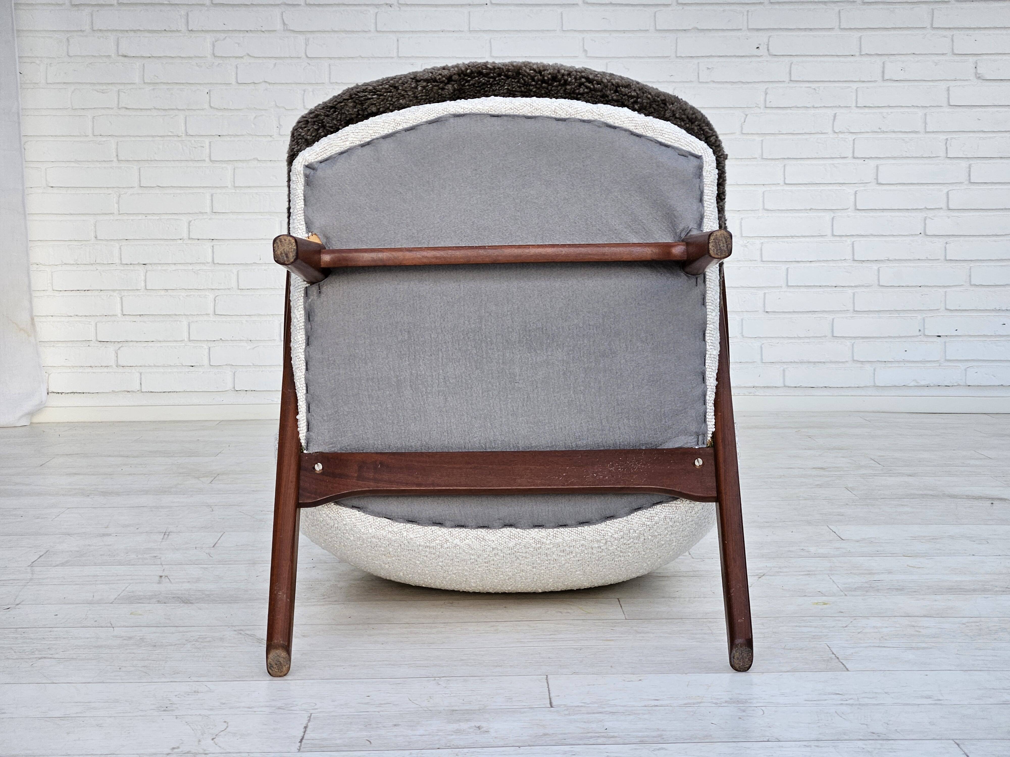 1960s, Scandinavian design, reupholstered armchair, furniture fabric, genuine sheepskin, teak.