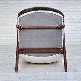 1960s, Scandinavian design, reupholstered armchair, furniture fabric, genuine sheepskin, teak.