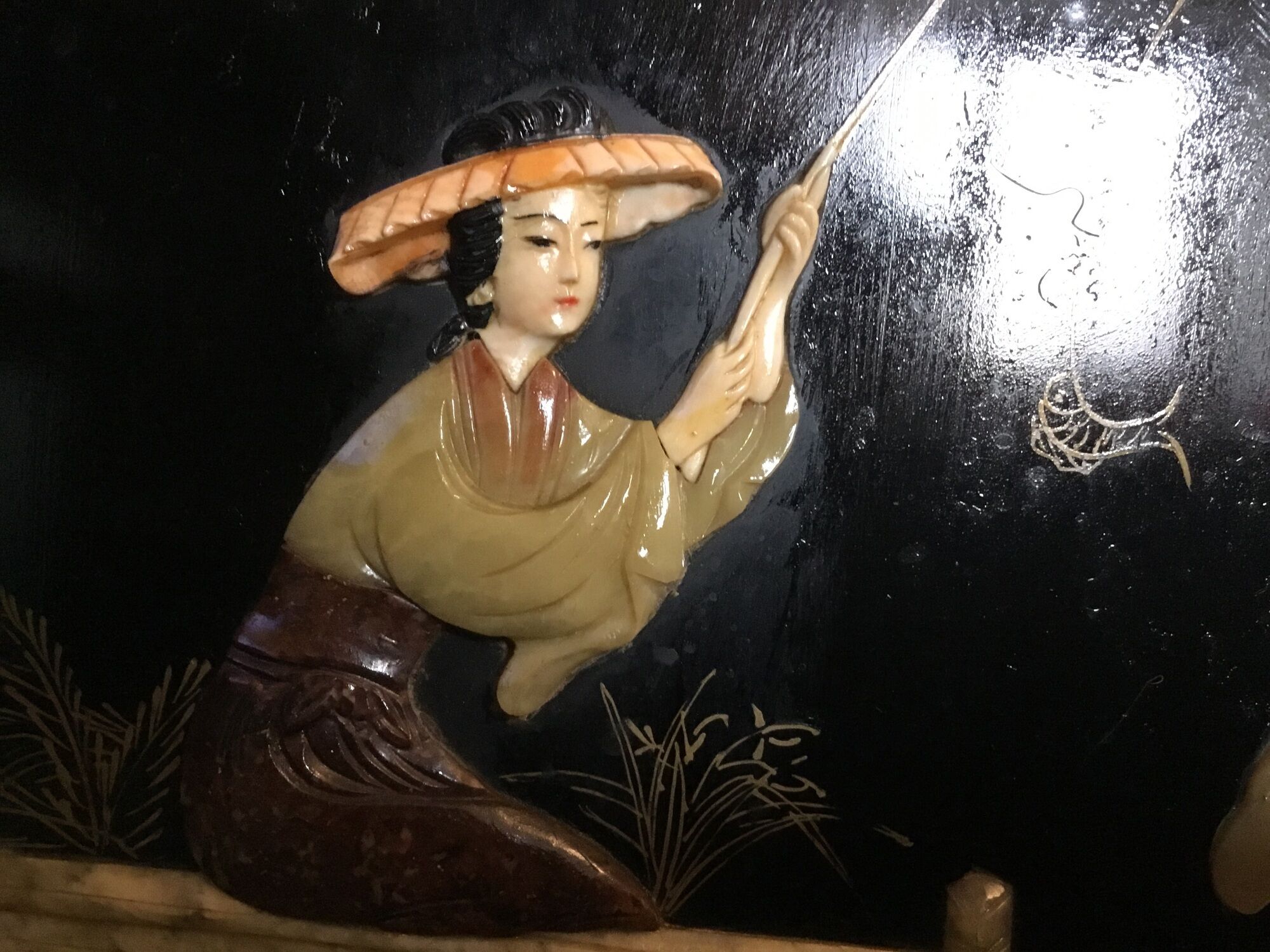 Asian laque furniture embossed motifs mother-of-pearl, stone and other